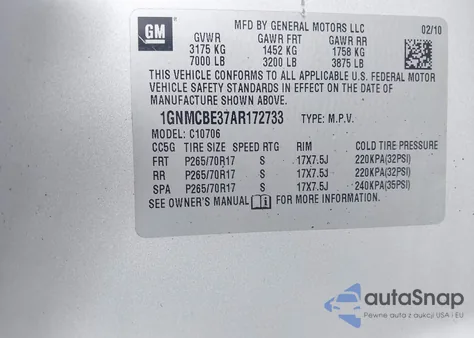 2010 Chevrolet Tahoe Lt z USA, uszkodzony, nr VIN 1GNMCBE37AR172733